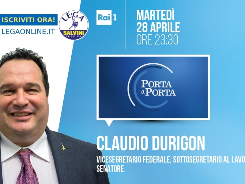 Claudio Durigon a Porta a Porta (Rai 1) - 28/04 ore 23:30